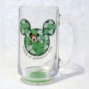 Rare Vintage Disney Mickey Green Shamrock Clear Glass Stein Mug St. Patricks day